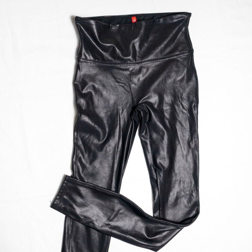 Spanx Faux Leather Leggings Women's Size Small Black Pull On Shaping 2437